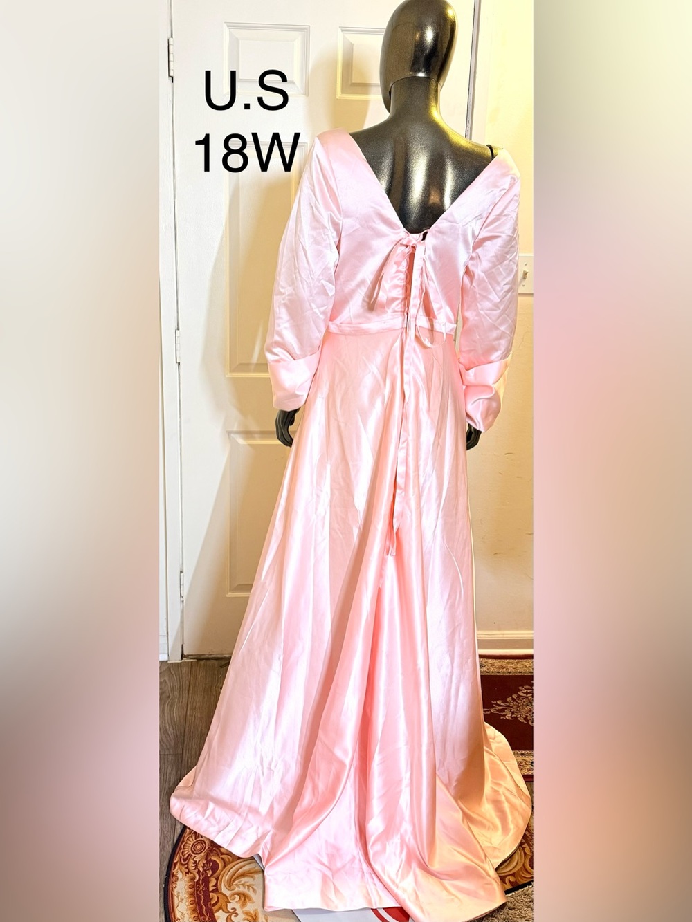 Pink Satin Long Sleeve V-Back Slip Dress with Tie